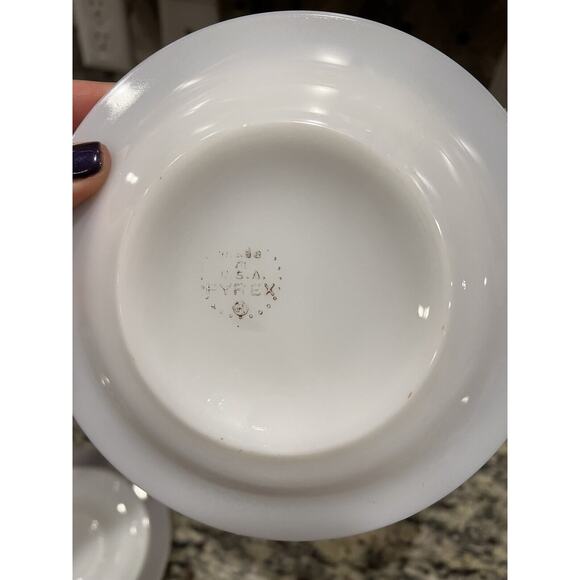 Pyrex Glass Saucer Plates Gray Band White Milk Glass MCM Vtg Set of 4 - Picture 5 of 8